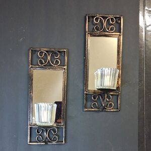 Vintage Gold/bronze Metallic metal Mirrored wall sconces(2)& Glass Candle Hldrs.